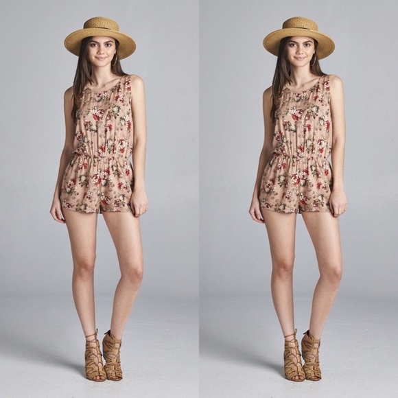 Sleeveless Round Neck Khaki Floral Romper - Picture 2 of 2